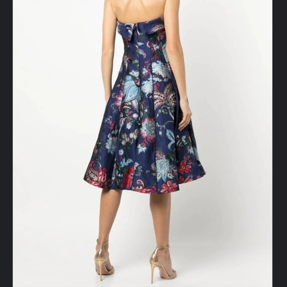 Marchesa Notte Women's Blue Strapless Floral Tea Length Gown Size 10 - Picture 2 of 16